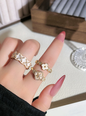 直播爆款轻奢四叶草银杏叶鎏金珐琅开口戒指女气质小众设计感指环