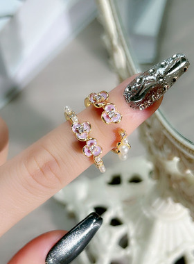 粉紫色珐琅花朵戒指女珍珠镶嵌甜酷百搭温柔风小众设计感轻奢指环