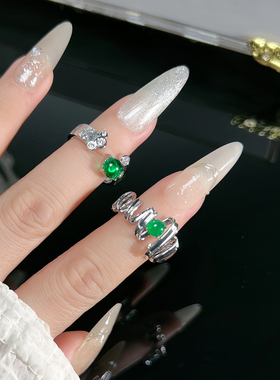 新款不规则纽带仿祖母绿开口戒指女个性冷淡风轻奢高级感食指戒潮