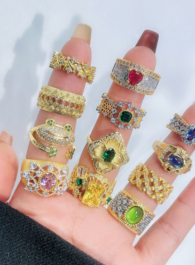 跨境彩宝复古国潮镂空金色开口戒指女ins小众高级感轻奢百搭指环