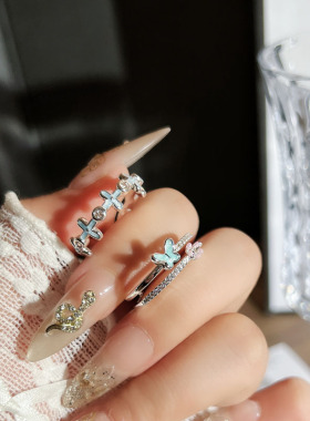 极简叠戴小花蝴蝶蓝色滴釉时尚戒指女十字架小众设计感甜美指环潮