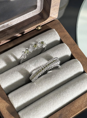 时尚轻奢橄榄绿锆石简约交错叠戴开口戒指女ins冷淡风高级感指环