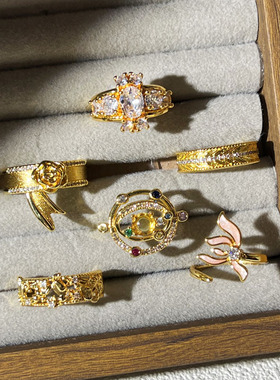 国风新中式喜鹊气质开口戒指复古花朵星球彩钻精致高级感小众指环