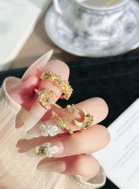 漫天星月复古宫廷风轻奢月亮鸢尾花时尚戒指女简约精致百搭食指戒