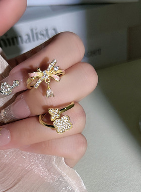 心宠物语ins风复古四叶草爱心狗蝴蝶结戒指混搭潮流气质轻奢指环