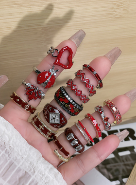 戒指女欧美小众复古安哥拉红滴釉几何时尚食指戒甜酷气质百搭配饰