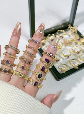 跨境超仙甜酷紫钻戒指女九紫离火轻奢精致小众复古蛇形几何指环潮