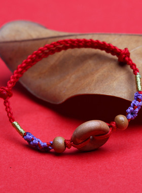 野生桃木平安扣编织压惊红绳手链