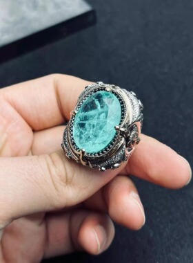 蓝色帕拉伊巴纯银狮子头男士戒指