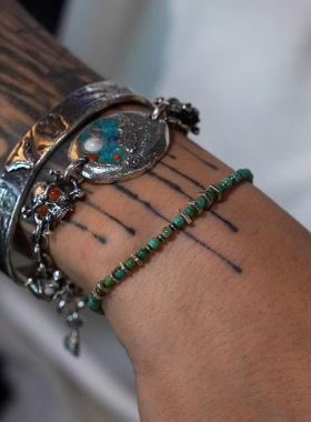 天然绿松石串珠宝石叶子纯银手链