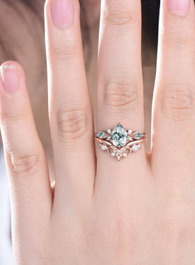 18K金复古天然绿色苔藓玛瑙戒指