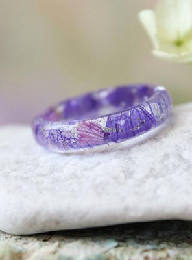 女士树脂紫色野花压花叶子戒指