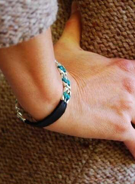 纯银复古黑色皮革绿松石手链镶嵌