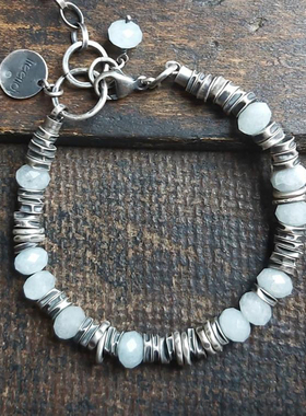 女纯银复古海蓝宝石刻面串珠手链