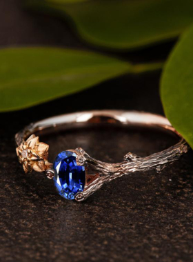 女蓝宝石小钻石戒指镶嵌树枝花朵