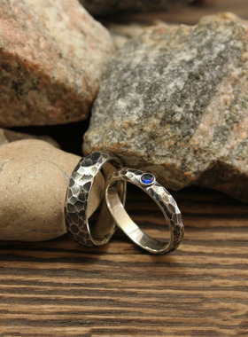 锤击纹理氧化纯银结婚对戒戒指