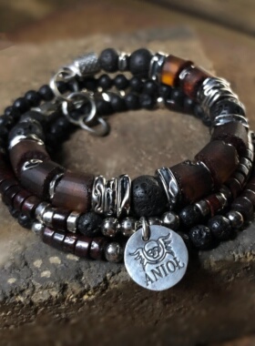 天然琥珀黑色熔岩串珠纯银手链