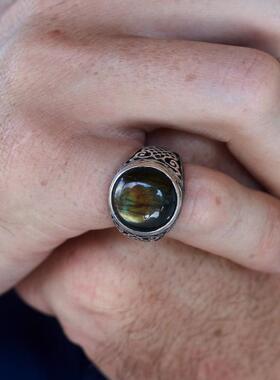 天然拉长石宝石镶嵌雕刻戒指纯银
