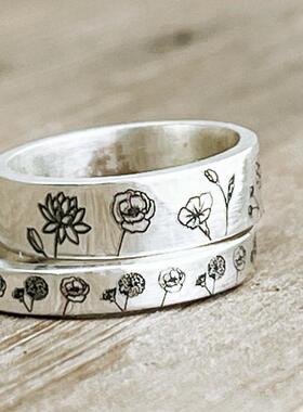 花朵雕刻定制刻字励志戒指纯银