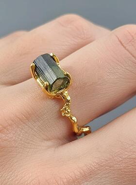 手作925银镶碧玺镀金戒指