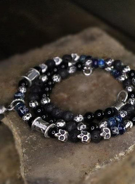 纯银黑色玛瑙蓝色碧玉熔岩项链