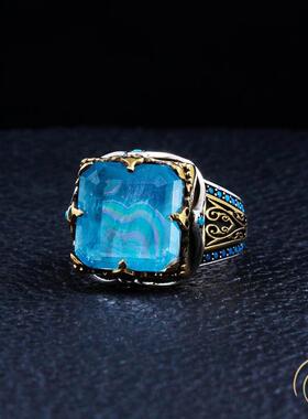 帕拉伊巴碧玺蓝色宝石纯银戒指