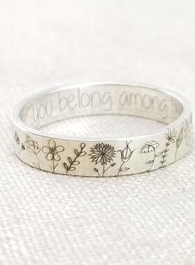 自然野花雕刻戒指纯银复古中性