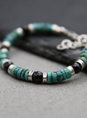 纯银复古天然绿松石黑色碧玺手链