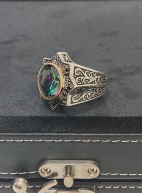 天然苏坦石镶嵌纯银雕刻多色戒指