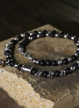 男士纯银黑色玛瑙银珠骷髅手链
