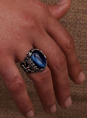 情侣纯银复古蓝色虎眼石戒指镶嵌