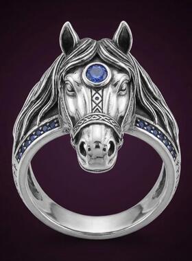 美国代购复古马头紫蓝宝石银戒指