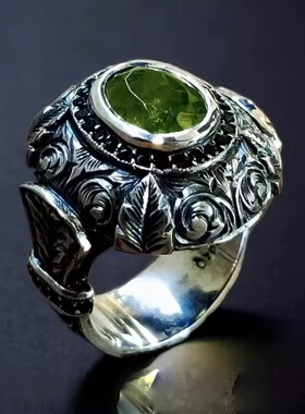 天然绿色橄榄石戒指氧化纯银