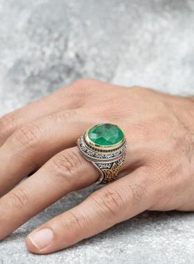 男纯银复古绿色锆石宝石镶嵌戒指