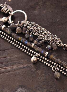 拉长石氧化多股手链纯银情侣复古