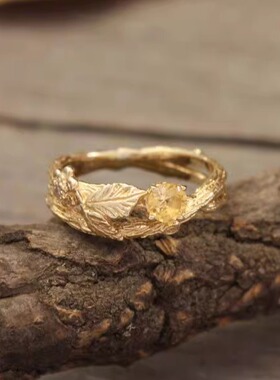 女14K金复古天然黄水晶镶嵌戒指