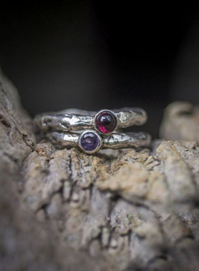 女纯银复古天然石榴石紫水晶戒指