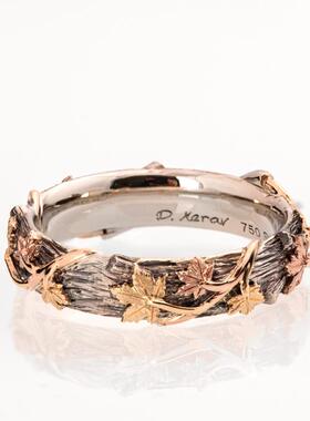 14k金休闲自然纹理树枝枫叶戒指