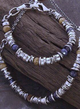 情侣纯银蓝宝石锤击银珠串珠手链