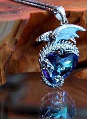 纯银夜光项链龙环绕蓝色渐变水晶