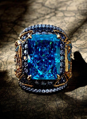 纯银镀金复古海蓝宝石镶嵌戒指