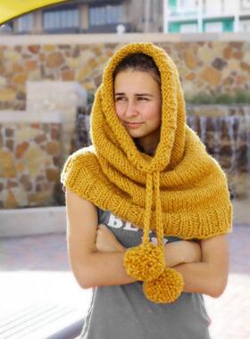 美国代购Scarf 手作简约精致温暖舒适芥末黄色针织绒球连帽围巾