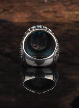 纯银复古戒指蓝色托帕石