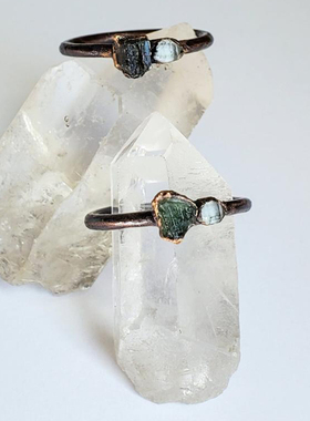 铜复古天然绿陨石赫基默钻石戒指