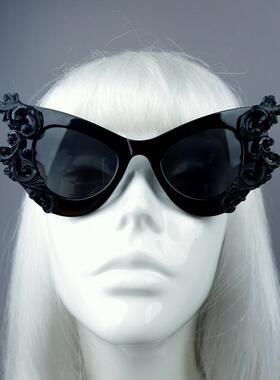 哥特黑玫瑰花丝猫眼太阳镜