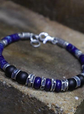 天然蓝色青金石黑缟玛瑙串珠手链