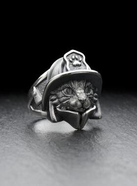 猫头盔宠物爱好者礼物戒指纯银