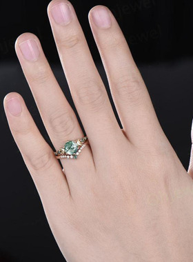 女黄金天然绿色苔玛瑙宝石戒指