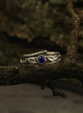枝叶森林天然蓝宝石14K白金戒指