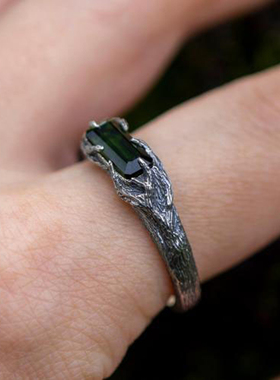 纯银复古天然绿色碧玺八角形戒指